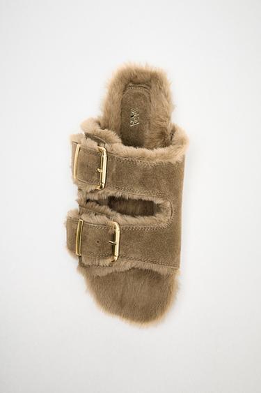 BUCKLED FLAT SHEEPSKIN SANDALS - Taupe Grey by Zara