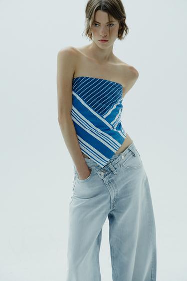 STRIPED LINEN BLEND BANDEAU TOP - Blue/White by Zara