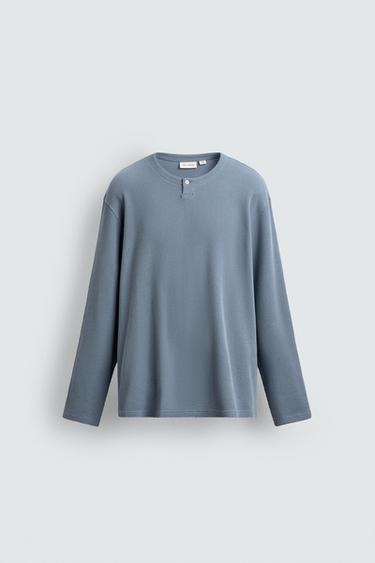WAFFLE-KNIT HENLEY T-SHIRT - Sky blue by Zara