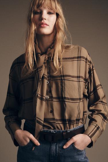 CHECK SHIRT WITH SCARF COLLAR ZW COLLECTION - Mid-camel by Zara