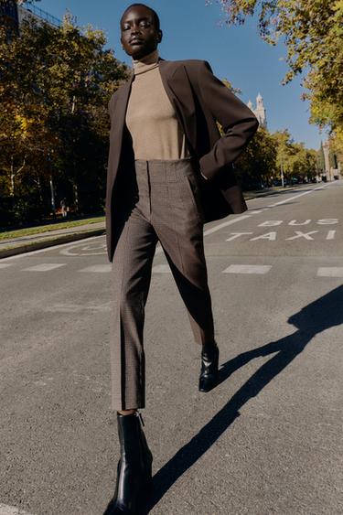 HIGH-WAIST CHECKED TROUSERS - Brown by Zara