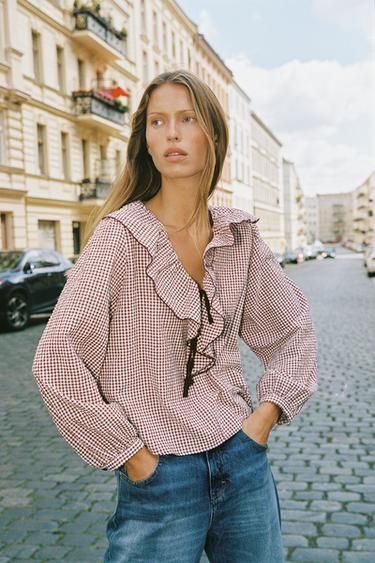 GINGHAM CHECK RUFFLED BLOUSE - bordeaux/ecru by Zara