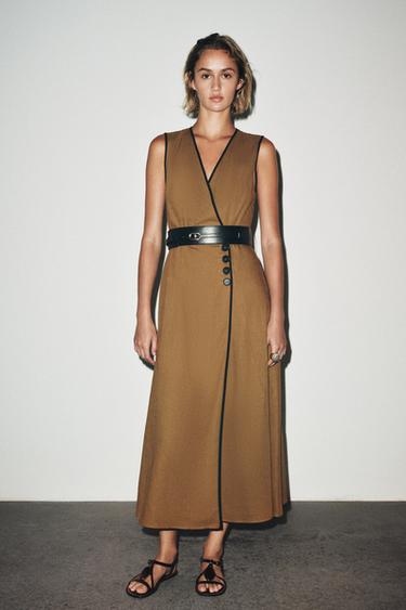 LINEN BLEND MIDI DRESS WITH BELT - Toffee by Zara - Image 0