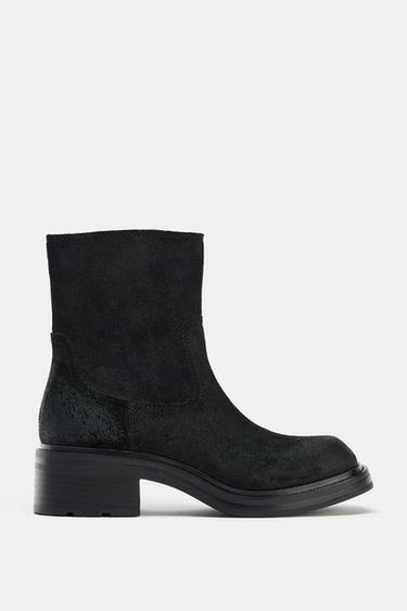 LEATHER ANKLE BOOTS WITH SQUARE TOE - Black by Zara