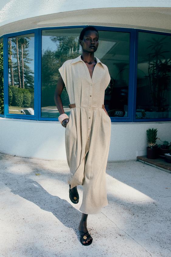 LINEN BLEND SHIRT DRESS - Light beige by Zara - Image 0