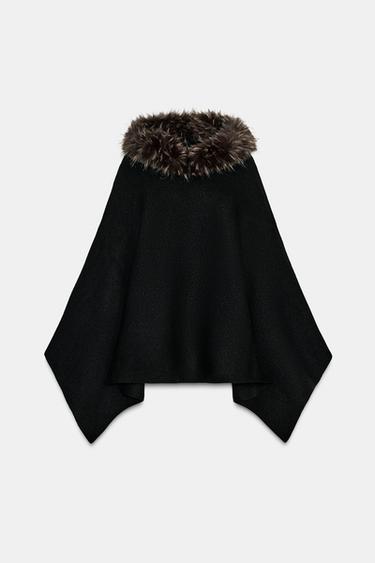 KNITTED CAPE WITH SHEEPSKIN - Black by Zara