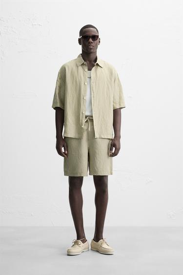 LINEN-VISCOSE STRIPE SHIRT - ecru/khaki by Zara - Image 0
