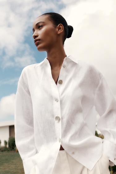 100% LINEN SHIRT WITH CONTRASTING BUTTONS - White by Zara
