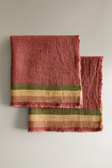THICK LINEN NAPKIN WITH COLOURED STRIPE (PACK OF 2) - Terracotta by Zara - Image 0