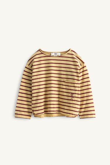 LIMITED EDITION STRIPED T-SHIRT WITH EMBROIDERED FLOWER - Yellow by Zara