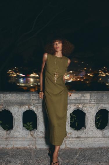 ZW COLLECTION 100% LINEN MIDI DRESS - Olive green by Zara