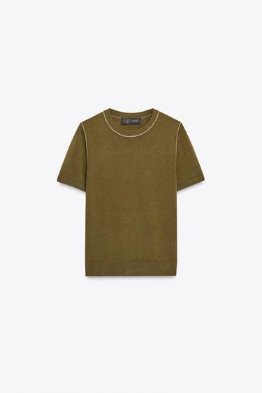 SHORT SLEEVE KNIT TOP WITH PIPED TRIMS - Khaki by Zara