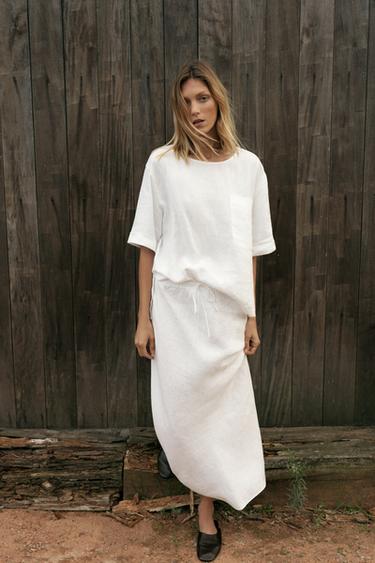 ZW COLLECTION 100% LINEN MIDI SKIRT - Ecru by Zara