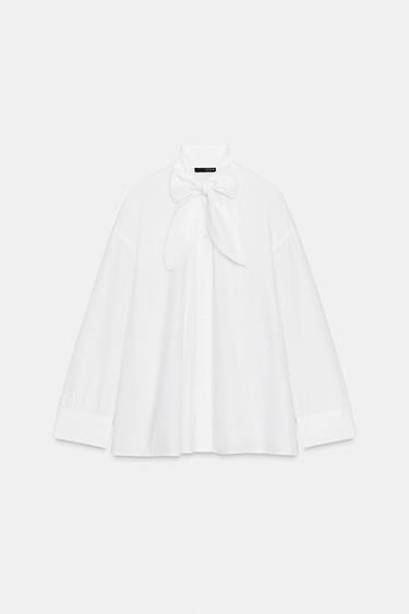 OVERSIZE POPLIN SHIRT WITH LACE-TRIMMED TIE - White by Zara