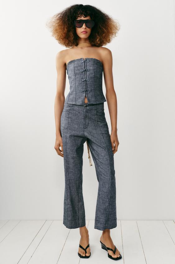 LINEN BLEND CROP TOP WITH FROG FASTENING - Grey by Zara - Image 0