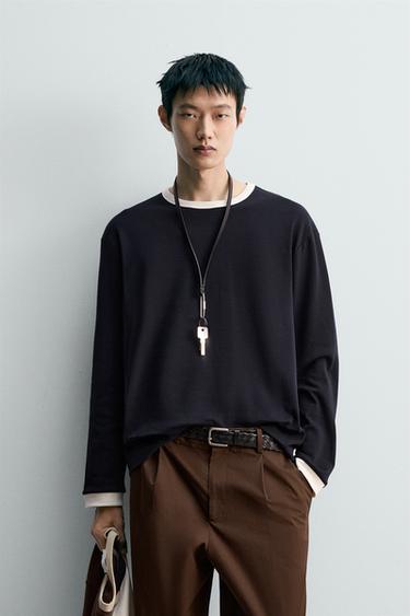 LONG SLEEVE T-SHIRT WITH CONTRAST RIB - Navy blue by Zara