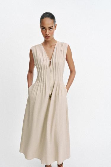 MIDI LINEN BLEND DRESS WITH TUCKS - Light beige by Zara