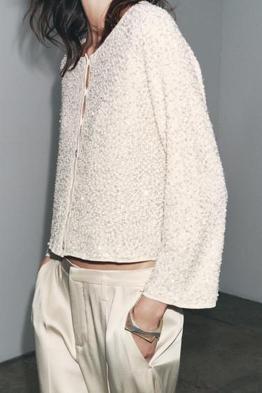 SEQUIN KNIT CARDIGAN - Ecru by Zara