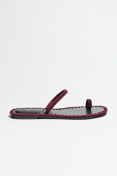 BEADED TOPSTITCH SANDALS - Burgundy Red by Zara