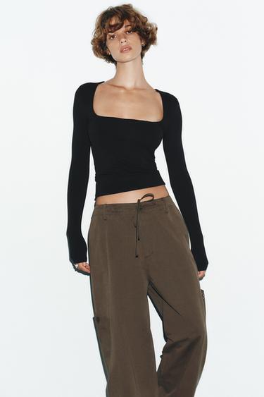 RIBBED T-SHIRT WITH SQUARE NECKLINE - Black by Zara