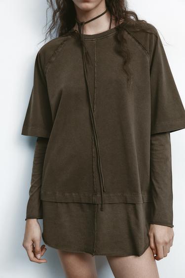 DOUBLE OVERSIZED WASHED-EFFECT T-SHIRT - Brown by Zara