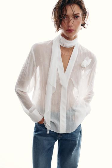 SEMI-SHEER BLOUSE WITH FLOWER - White by Zara