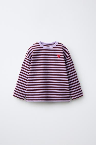 STRIPED HEART EMBROIDERY T-SHIRT - Mauve by Zara