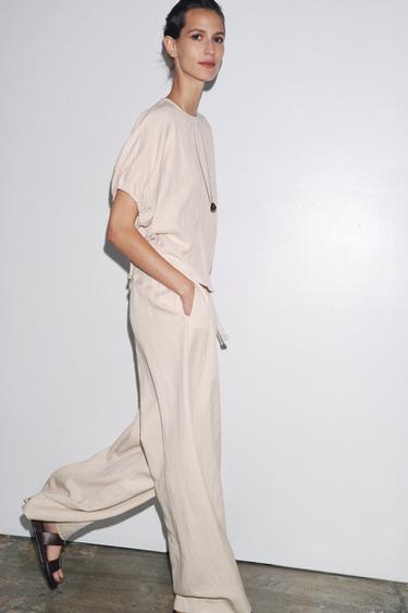 WIDE-LEG FLOWING PYJAMA TROUSERS ZW COLLECTION - Sand by Zara