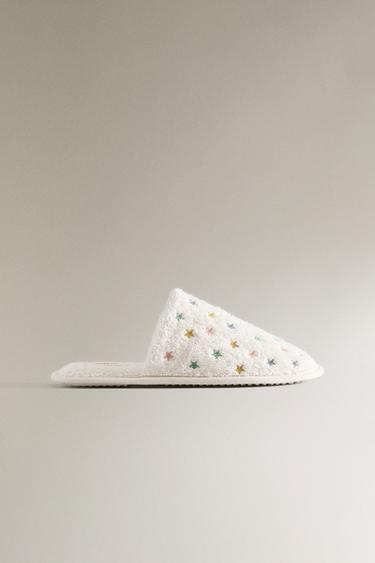 STAR PRINT TERRY MULE BATHROOM SLIPPERS - White by Zara