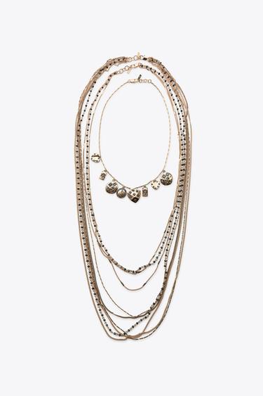 PACK OF 3 CHAIN BEAD CHARM NECKLACES - Aged gold by Zara