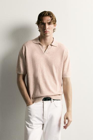 STRIPED JACQUARD KNIT POLO SHIRT - White / Red by Zara
