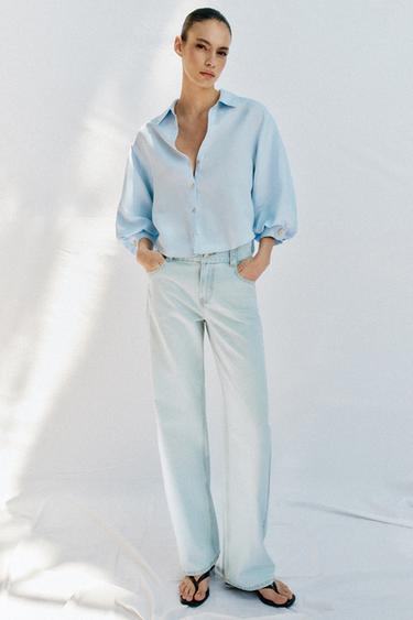 LINEN BLEND PUFF SLEEVE SHIRT - Sky blue by Zara