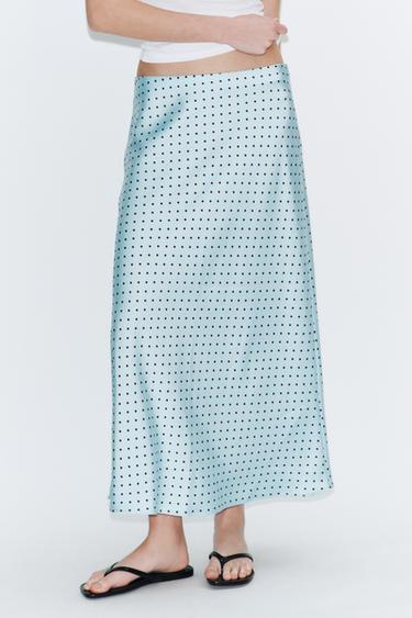 SATIN POLKA DOT MIDI SKIRT - Light blue by Zara