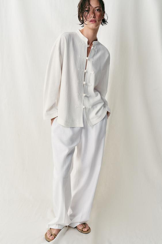 LINEN BLEND OVERSIZE SHIRT WITH FROG FASTENING - White by Zara - Image 0