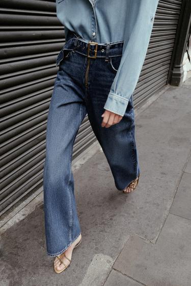 MID-WAIST BELTED WIDE-LEG JEANS - Mid-blue by Zara