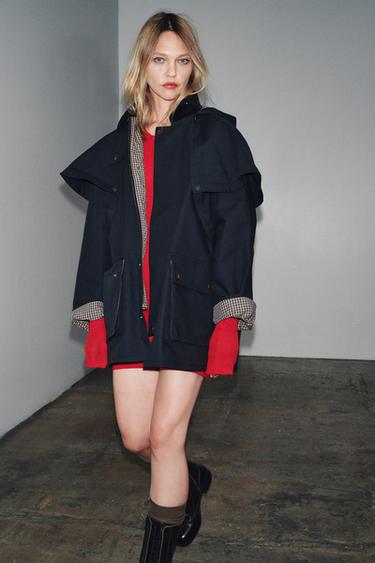 HOODED CONTRAST LAPEL TRENCH COAT ZW COLLECTION - Blue by Zara