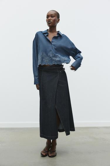 CROPPED SHIRT WITH CUTWORK EMBROIDERY - Blue by Zara - Image 0