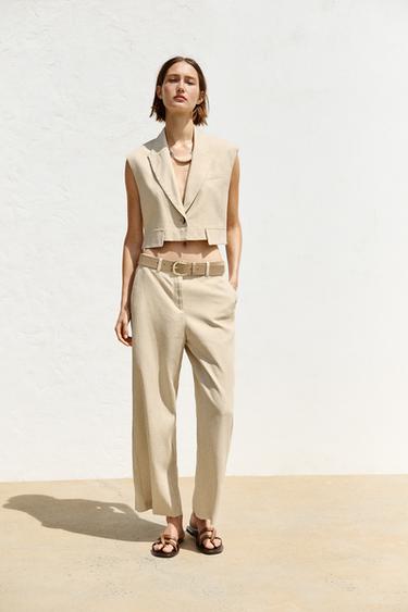 LINEN BLEND CULOTTES WITH BELT - Light beige by Zara