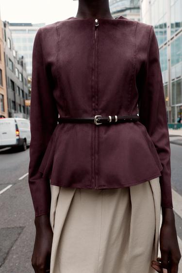 BELTED FAUX SUEDE PEPLUM JACKET - Burgundy by Zara