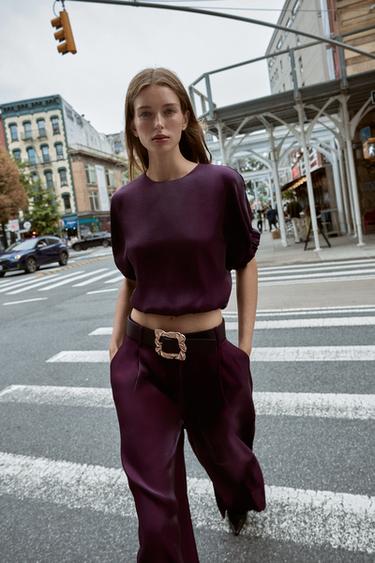 SATIN WIDE-LEG TROUSERS WITH BELT - Aubergine by Zara