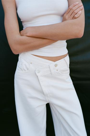 HIGH-WAIST TRF WIDE-LEG CROSSOVER WAIST JEANS - White by Zara