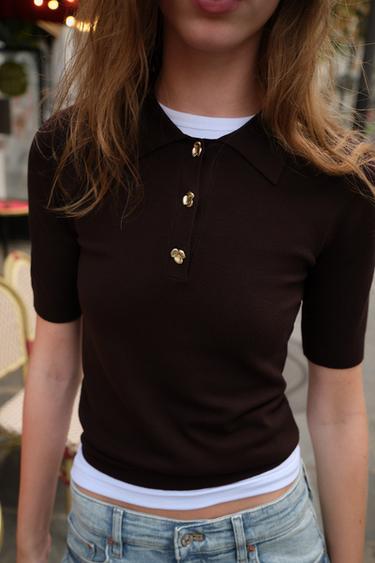 SHORT SLEEVE KNIT POLO JUMPER - Chocolate by Zara