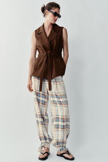 CHECKED SAROUEL TROUSERS WITH BOWS - Brown-Blue by Zara