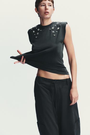 JEWEL SHOULDER PAD FADED-EFFECT T-SHIRT - Anthracite grey by Zara