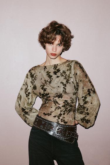 FLOCKED TULLE BODYSUIT - Khaki by Zara