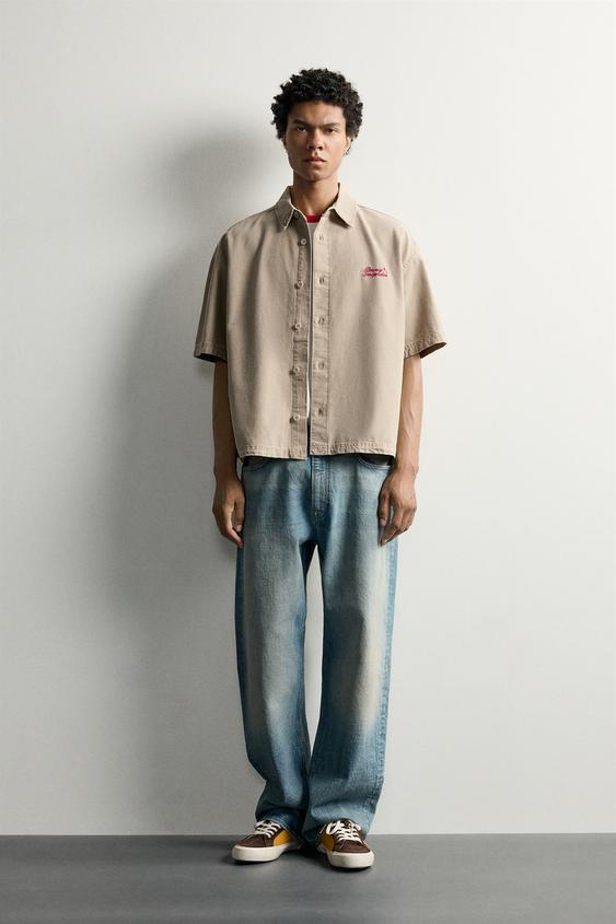RELAXED FIT CONTRAST TEXT SHIRT - camel by Zara - Image 0
