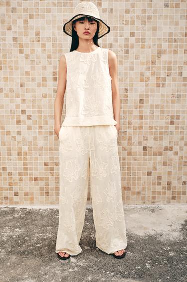 ZW COLLECTION EMBROIDERED PYJAMA TROUSERS - Ecru by Zara