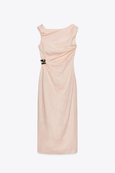 ASYMMETRIC MIDI DRESS WITH LINEN BLEND APPLIQUÉ - Peach by Zara
