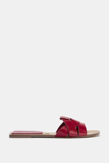 FLAT CRISS-CROSS LEATHER SLIDER SANDALS - Burgundy Red by Zara