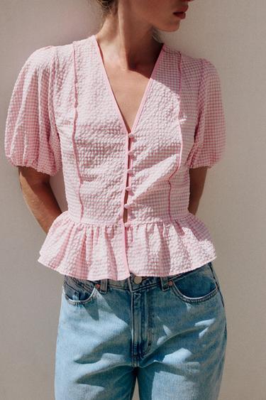 GINGHAM PEPLUM BLOUSE - Pink / White by Zara